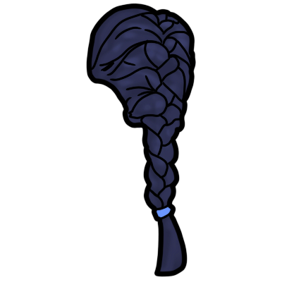 A back view of a medium-length french braid or plait, tied with a light blue hair tie at the base. the hair is black.